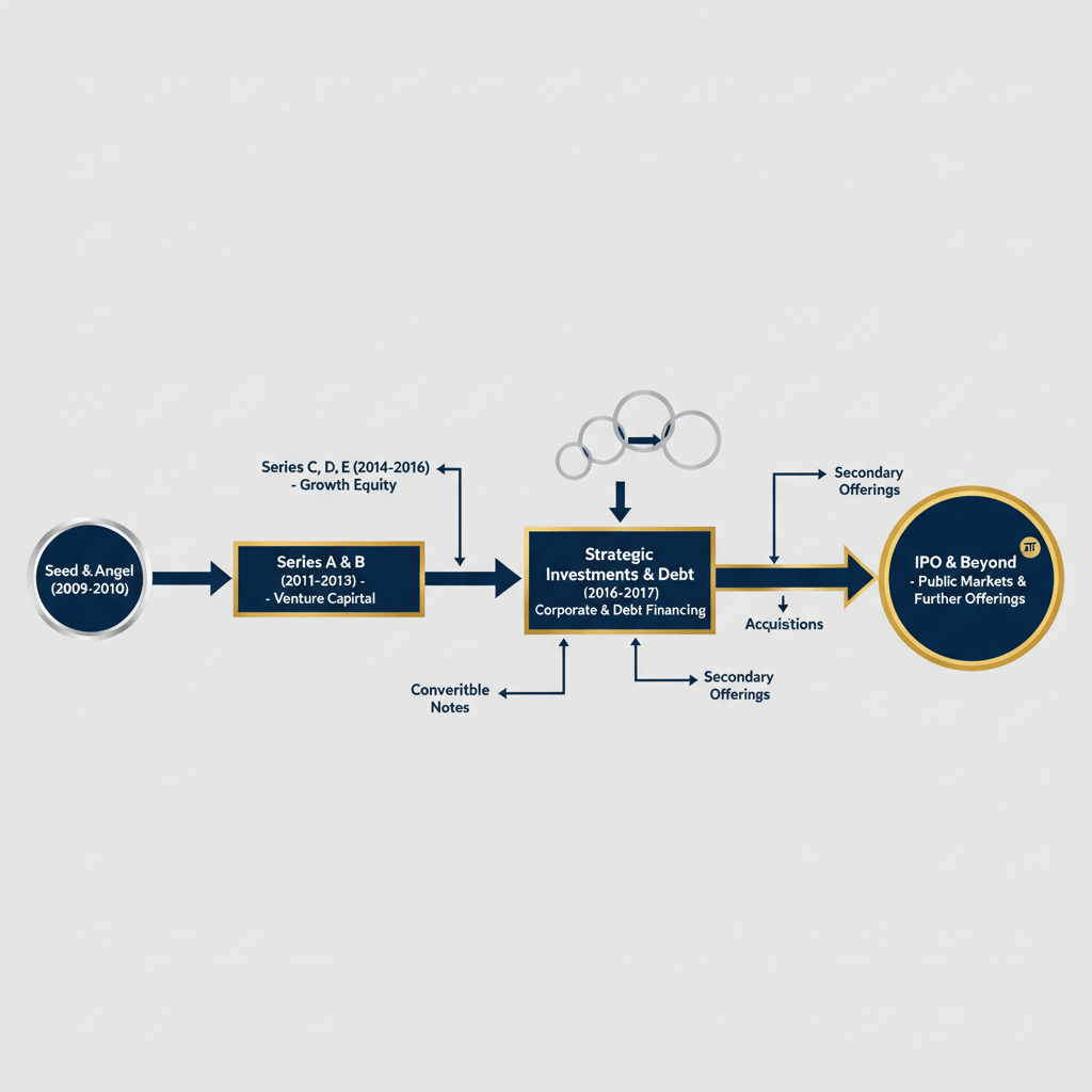 A minimalist vector diagram illustrating Uber's funding journey as a strategic pipeline or deal-flow chart, showing interconnected stages of capital acquisition.