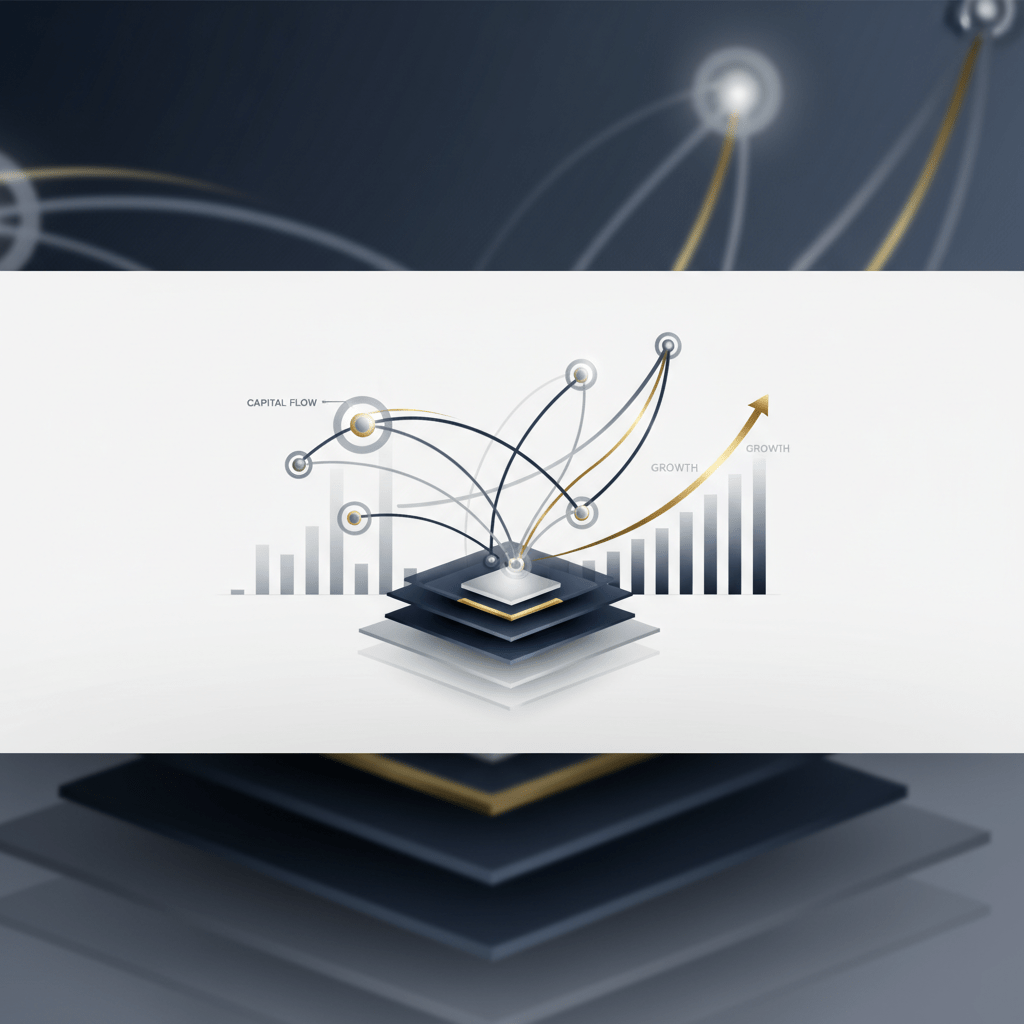 A modern, vector-based infographic header image. The visual features an abstract representation of strategic investment pathways and interconnected investor networks, utilizing clean geometric shapes, subtle gradients, and metallic silver and gold accents. The color palette is deep navy, charcoal, and white. Key elements include a central network graph with nodes and directional arrows illustrating capital flow and strategic connections, layered geometric frameworks suggesting a structured approach, and abstract data visualizations signifying growth. The image conveys a professional, premium, and data-driven approach to capital raising and investor engagement.