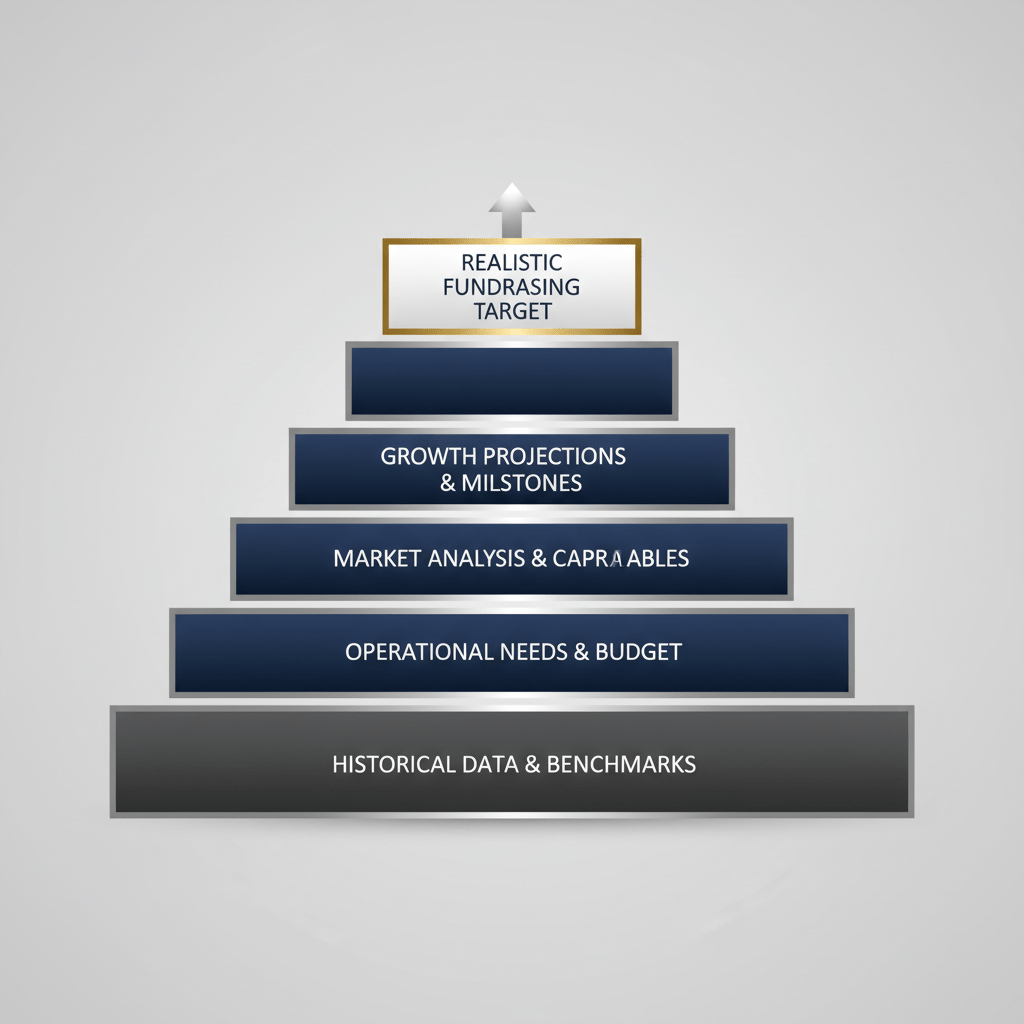 A multi-layered, geometric infographic showing the structured steps involved in setting a realistic fundraising target, using a premium color palette.