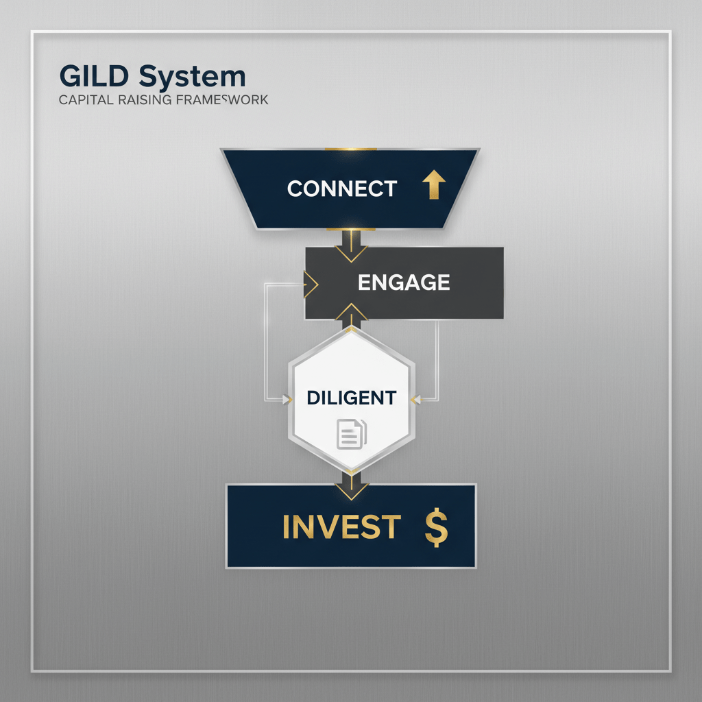 A multi-layered process diagram illustrating the structured, progressive steps of the GILD System for capital raising, showing a clear pathway from connection to investment.
