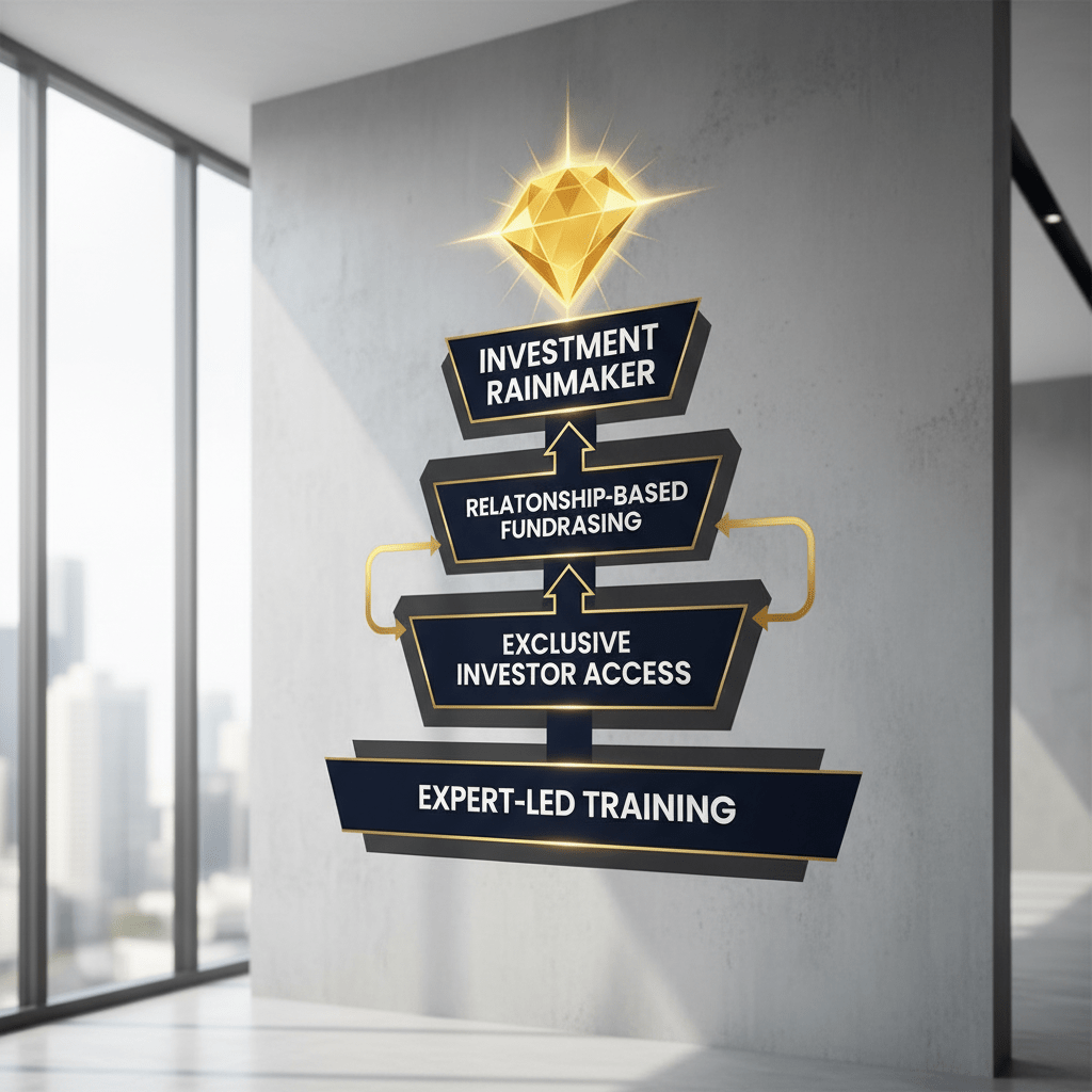 A multi-tiered, upward-flowing pipeline infographic showing GILD's preparation phases: 'Expert-Led Training', 'Exclusive Investor Access', and 'Relationship-Based Fundraising', culminating in an 'Investment Rainmaker' apex.