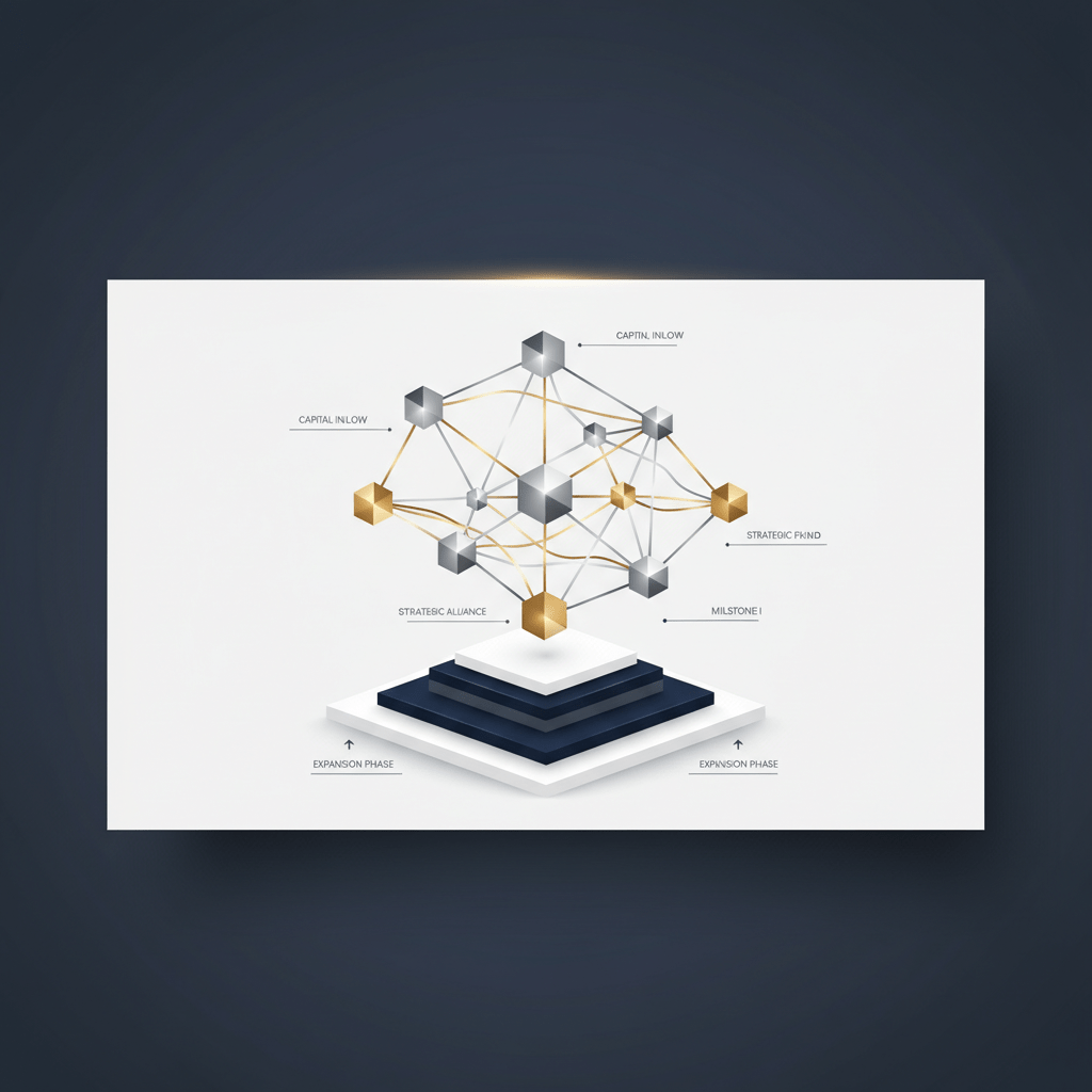 A premium infographic header image in deep navy, charcoal, and white with metallic silver and gold accents. It features an abstract, data-driven visualization of an investment strategy for a growth fund. The central design includes a network of interconnected geometric nodes, representing investor relationships, linked by flowing metallic lines symbolizing capital pathways. A layered, ascending framework in the background denotes growth and a structured strategy. The style is modern, minimalist, and vector-based, designed for executive audiences.
