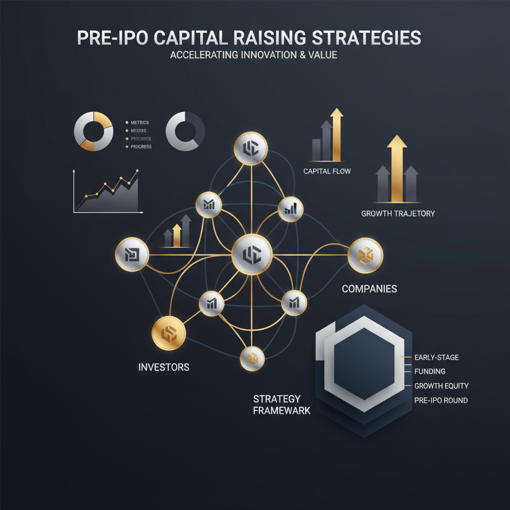 A premium infographic header image in deep navy, charcoal, and white with metallic silver and gold accents. It depicts an intricate network graph of interconnected nodes and lines representing global investor connections and capital flow pathways, integrating upward-trending growth charts and a multi-layered strategic framework for Pre-IPO capital raising. The style is modern, vector-based, and minimalist, conveying professionalism and elite strategy.