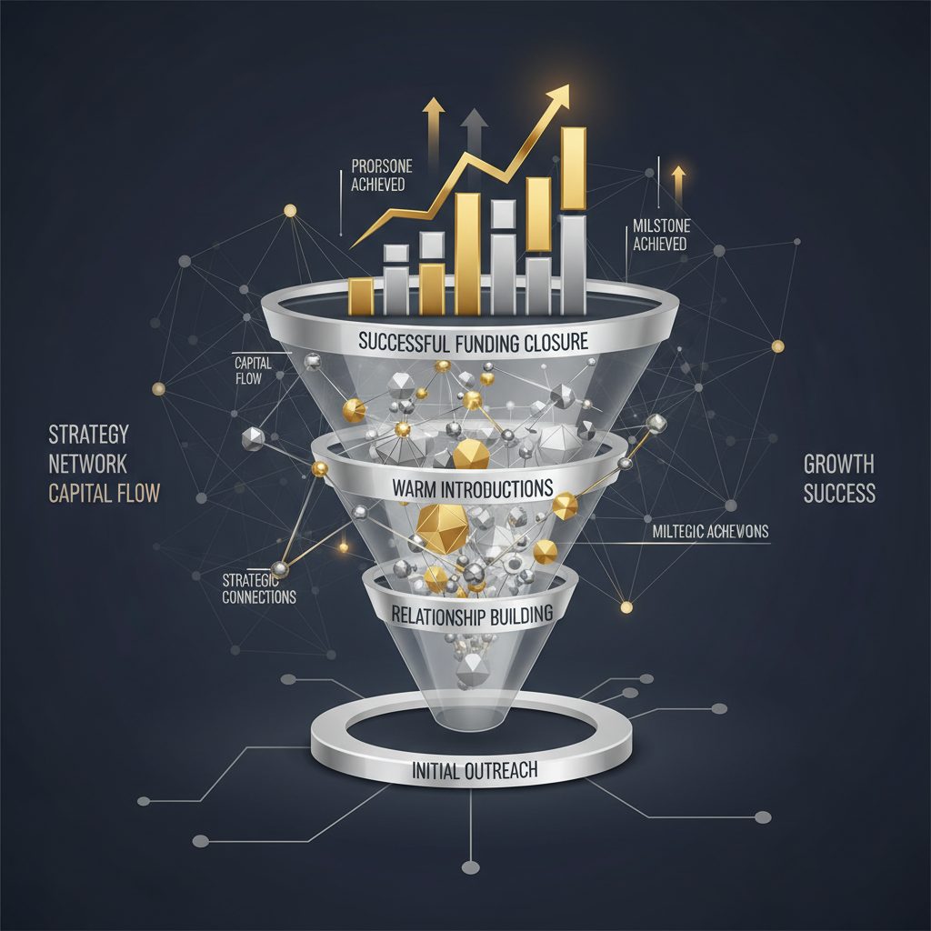A premium infographic header image showcasing a sophisticated system for raising capital for LLCs. It features a multi-layered funnel or pathway, illustrating stages from initial outreach to successful funding, with abstract network graphs representing interconnected investor relationships. Ascending bar charts and directional arrows symbolize capital flow and growth. The modern, vector-based design uses deep navy, charcoal, and white with metallic silver and gold accents, conveying professionalism and elite access. No human figures are depicted.
