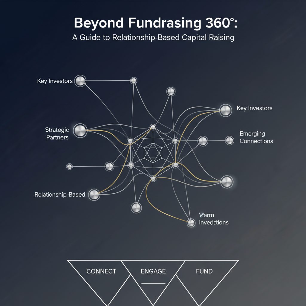 A premium infographic visualizing relationship-based capital raising. It shows a network graph of interconnected nodes representing investors and strategic partners, with golden pathways indicating capital flow. A layered framework and funnel progression are visible, all rendered in deep navy, charcoal, white, and metallic silver/gold, in a modern, vector style, emphasizing strategic connections and growth.