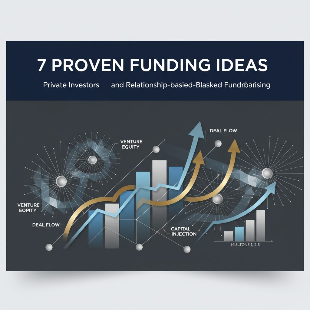 A premium, minimalist infographic header image for a business article on funding ideas. It depicts interconnected network nodes representing investor relationships, ascending charts symbolizing capital growth, and layered strategic frameworks with directional arrows indicating deal progression. The design features clean vector shapes in deep navy, charcoal, and white, accented with metallic gold and silver, conveying sophistication and strategic capital raising.