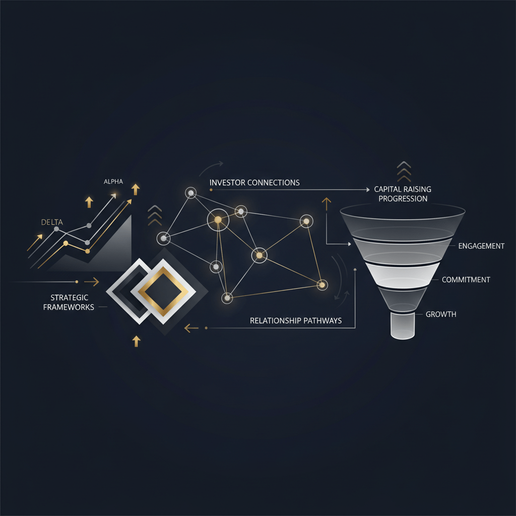 A premium, minimalist infographic header image. It depicts an abstract visualization of investor networks with interconnected nodes and relationship pathways flowing into a multi-stage capital raising funnel, accented by subtle data growth charts. The design uses clean geometric shapes, metallic silver and gold highlights, deep navy, charcoal, and white to convey sophistication and strategic financial progression.