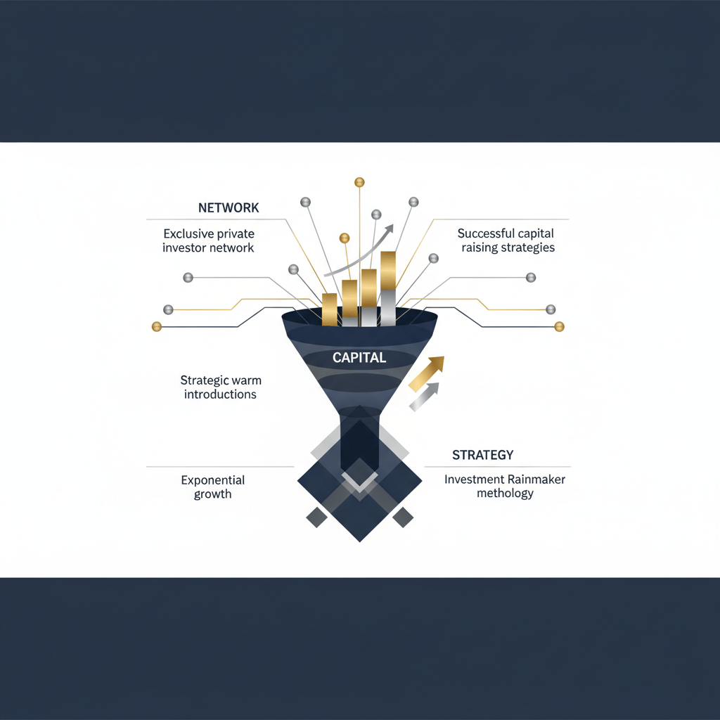 A premium, minimalist infographic header image. It features an intricate network graph with interconnected nodes and pathways representing investor connections and warm introductions, seamlessly integrated with an ascending, multi-stage funnel diagram and stacked growth charts symbolizing capital raising, deal flow, and business growth. Layered geometric shapes illustrate a structured strategic framework. The design employs clean vector graphics, subtle gradients, and metallic silver and gold accents on a deep navy, charcoal, and white background, conveying sophistication and exclusivity. Abstract labels like 'NETWORK' and 'CAPITAL' are present, along with directional arrows. No human figures or photographs are depicted.