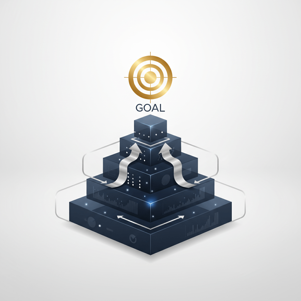 A premium, minimalist infographic showing a structured, multi-layered framework ascending towards a clear financial target, symbolizing strategic fundraising goal setting and capital raising success.