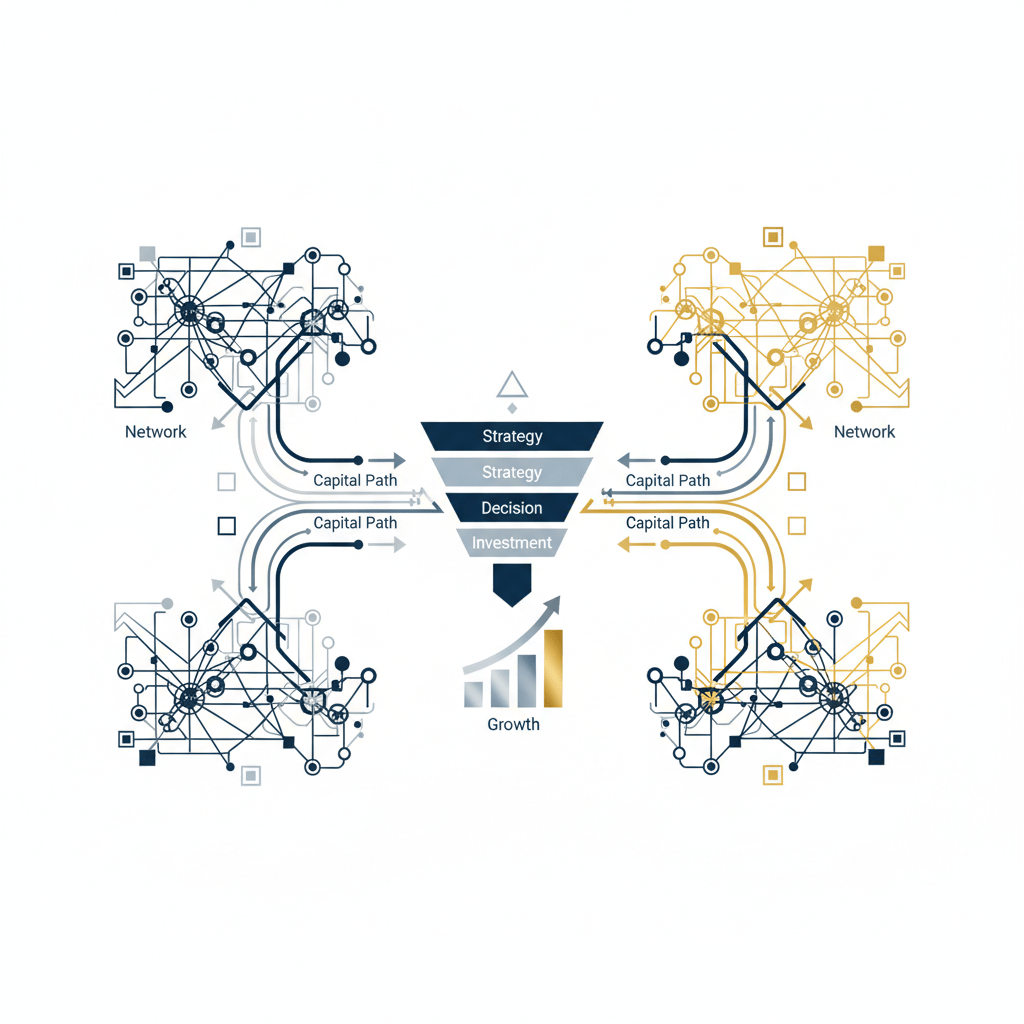A premium, minimalist infographic-style header image illustrating the strategic navigation between two venture capital titans. It features a conceptual design with interconnected node networks representing investor connections and capital flow diagrams showing strategic pathways. A layered framework or funnel visualizes investment stages and strategic decision-making. The design incorporates clean geometric shapes, subtle gradients, and metallic silver and gold accents on a deep navy, charcoal, and white background, conveying sophistication and elite access. The visual emphasizes data-driven growth and strategic capital raising.