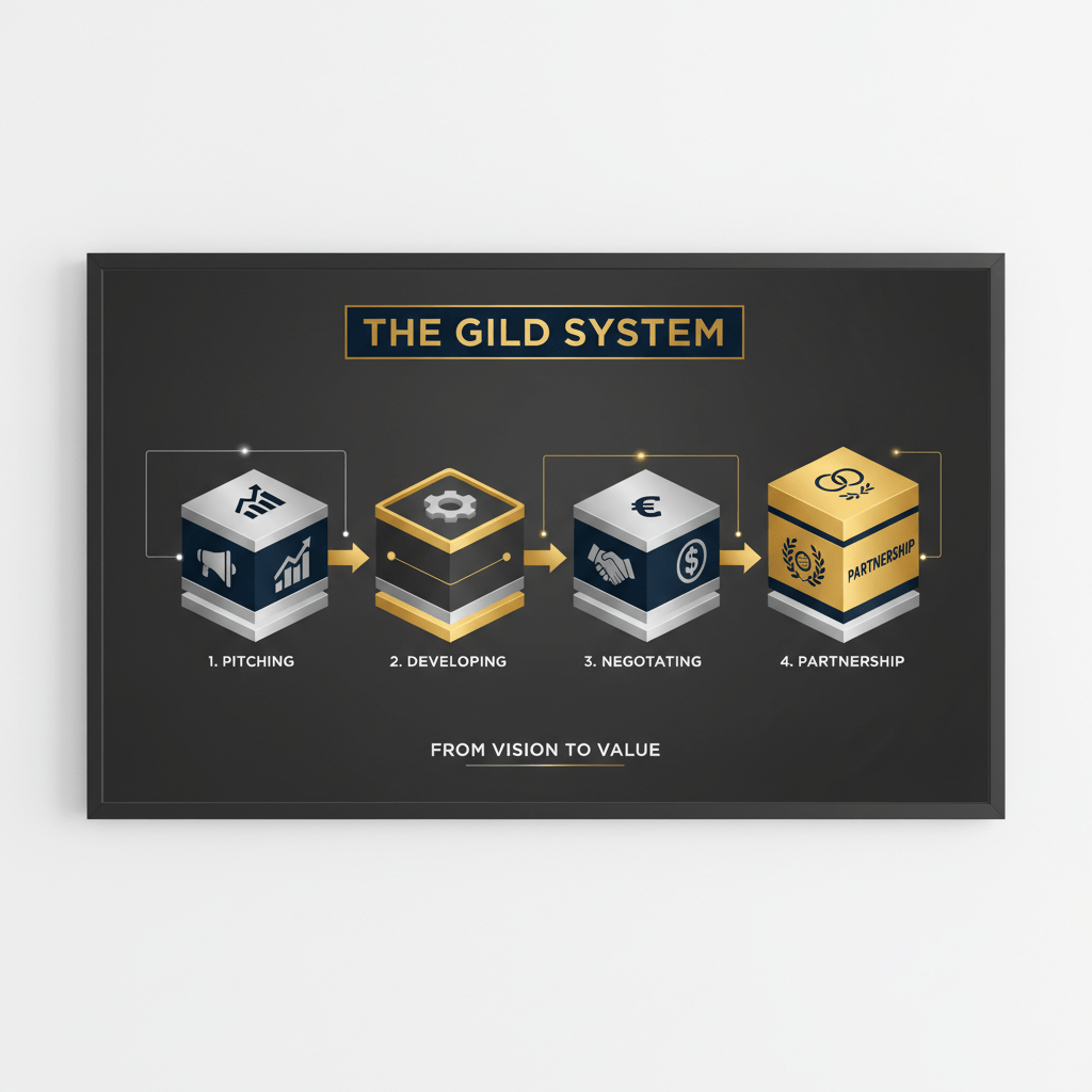 A step-by-step diagram showing the GILD System's progression from pitching to partnership.