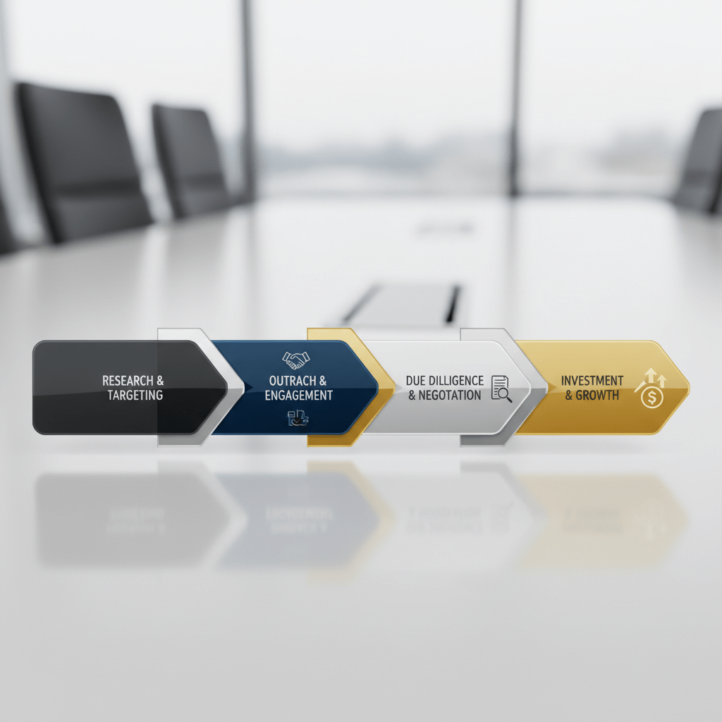 A structured, multi-stage pipeline infographic with geometric shapes and directional flow, illustrating the strategic process founders should use to approach investment firms.