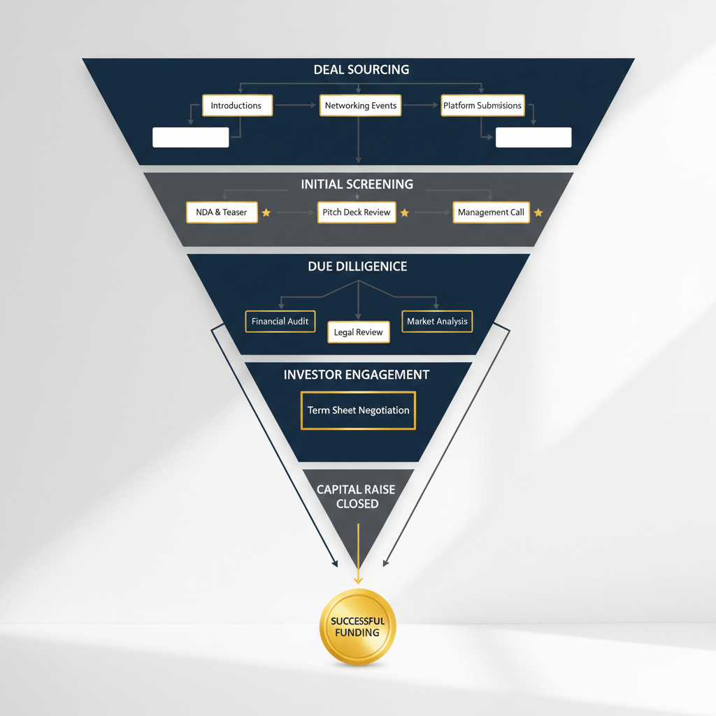A visual pipeline or funnel demonstrating the steps to apply capital raising lessons to achieve funding.
