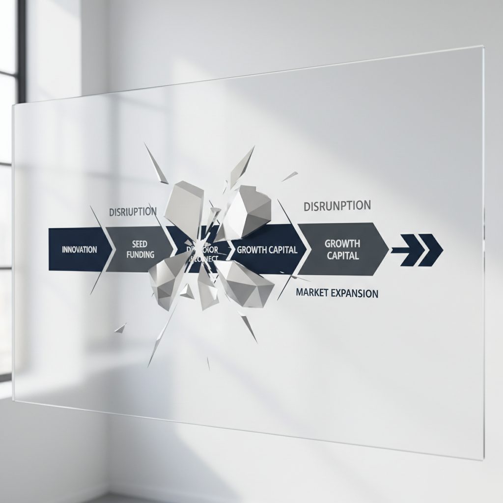 Abstract infographic depicting a broken and disconnected funding pipeline, illustrating common reasons entrepreneurs fail to raise capital.