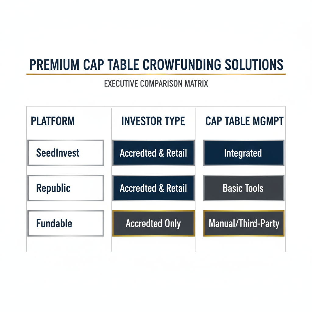 An abstract, geometric infographic in a comparison matrix format, visually comparing key features and solutions of different cap table crowdfunding platforms.