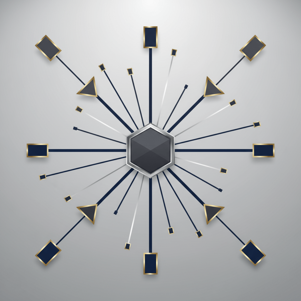 An abstract, geometric visualization in navy and charcoal with metallic accents, representing a structured and interconnected financial institution.