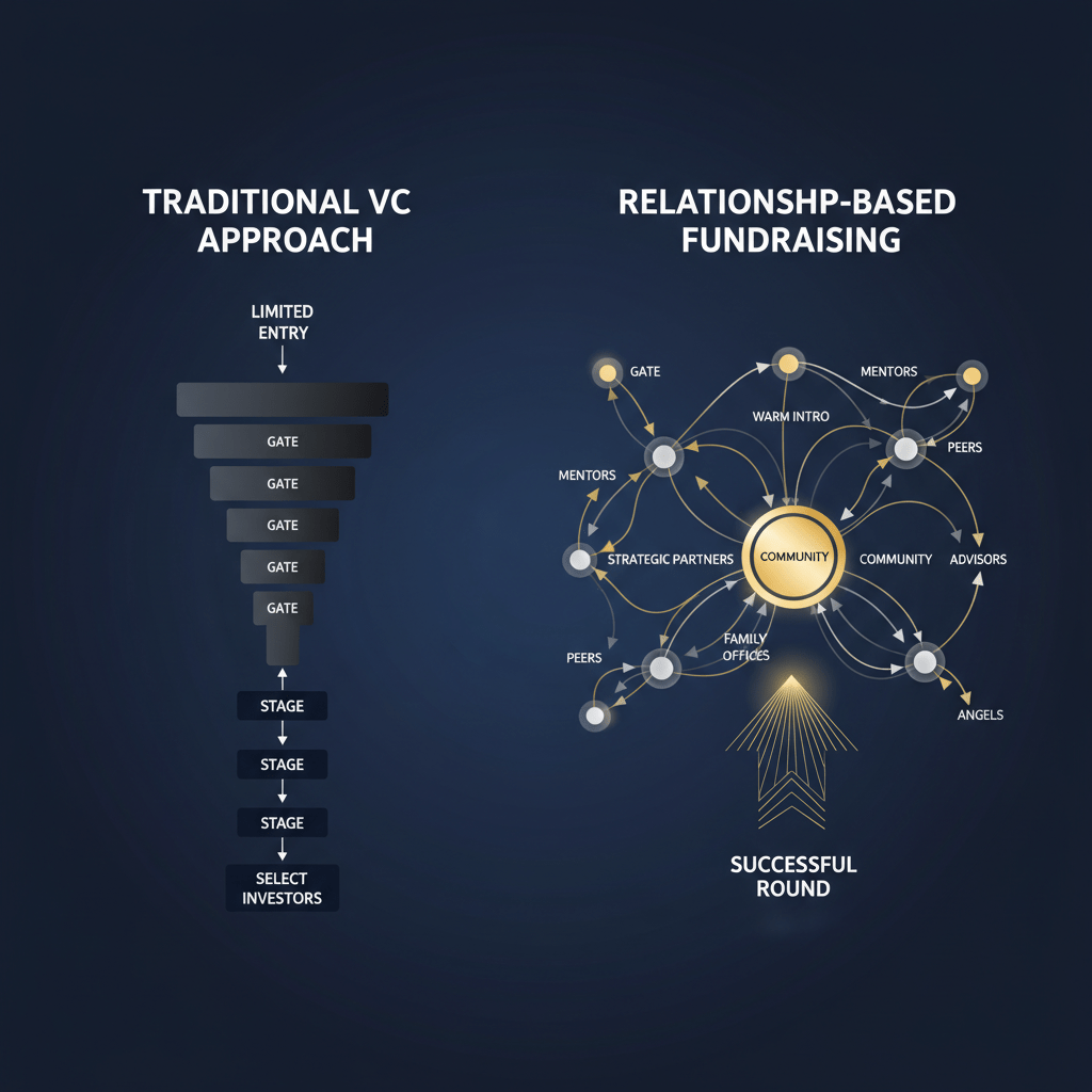 An abstract infographic comparing the linear, restrictive funnel of traditional VC fundraising with the expansive, interconnected network of relationship-based fundraising.