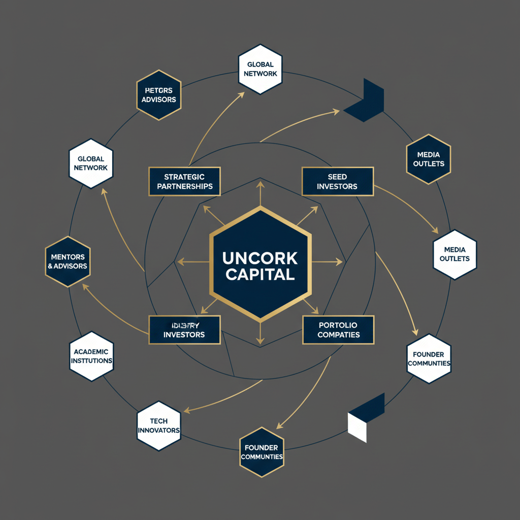 An abstract infographic depicting a network of interconnected nodes and directional paths, illustrating warm introductions leading to 'Uncork Capital'.