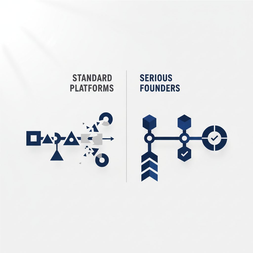 An abstract infographic depicting standard fundraising platforms as a broken, fragmented linear process with disconnected geometric shapes, visually representing their shortcomings.