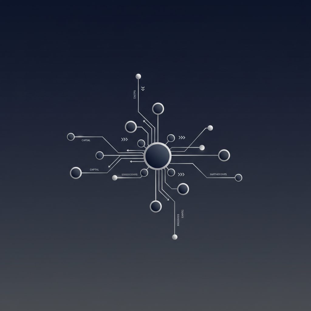 An abstract infographic header image depicting a complex yet clear investor network. Geometric nodes are connected by metallic silver lines, illustrating strategic warm introductions and efficient capital pathways against a deep navy and charcoal background, signifying premium access.