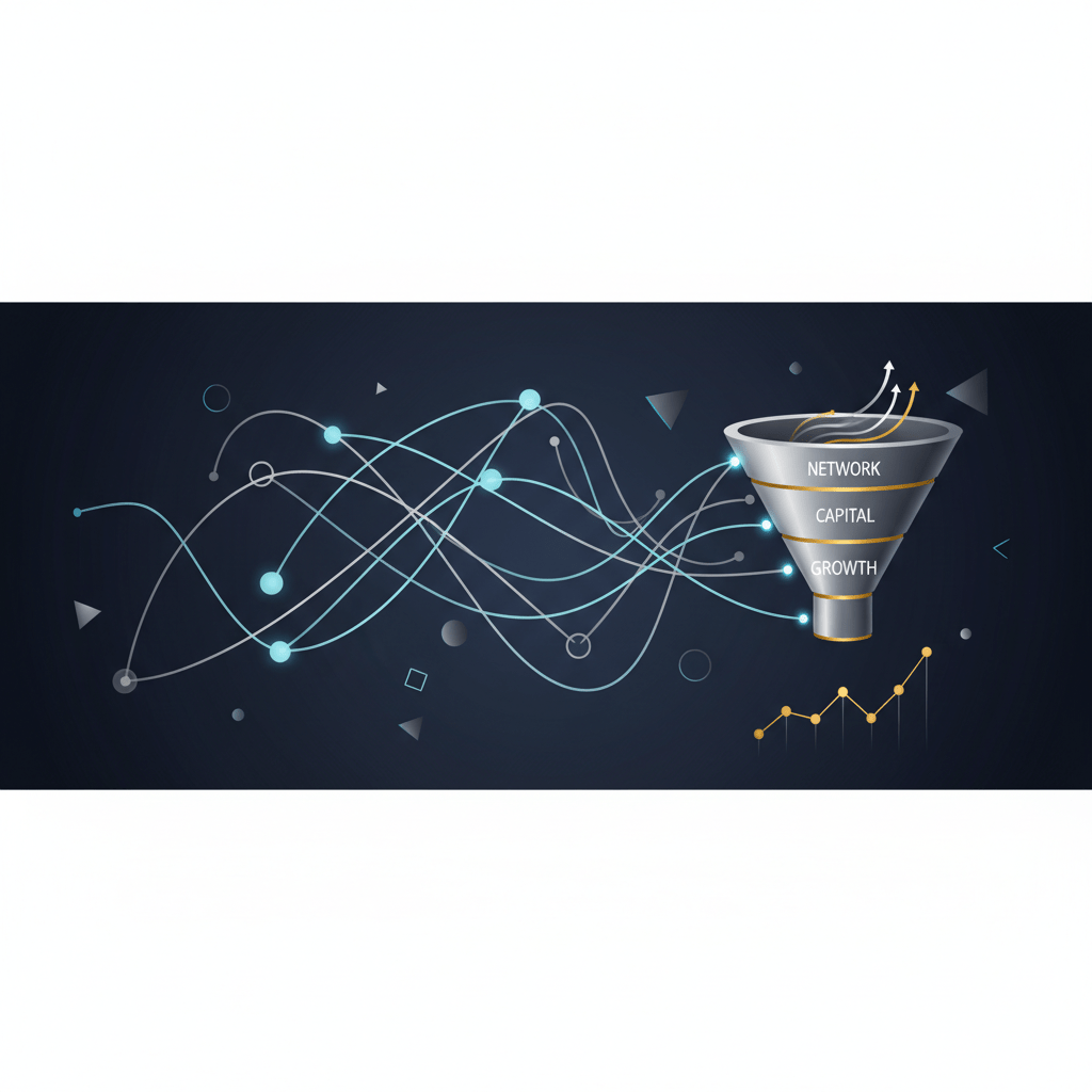 An abstract infographic header image illustrating investor networks and capital raising. It features interconnected nodes and lines representing relationships and capital flow, alongside a strategic funnel diagram symbolizing a deal pipeline with growth metrics. The design is modern, vector-based, using deep navy, charcoal, white, and metallic silver/gold accents, with ample negative space to convey professionalism and strategic insight.