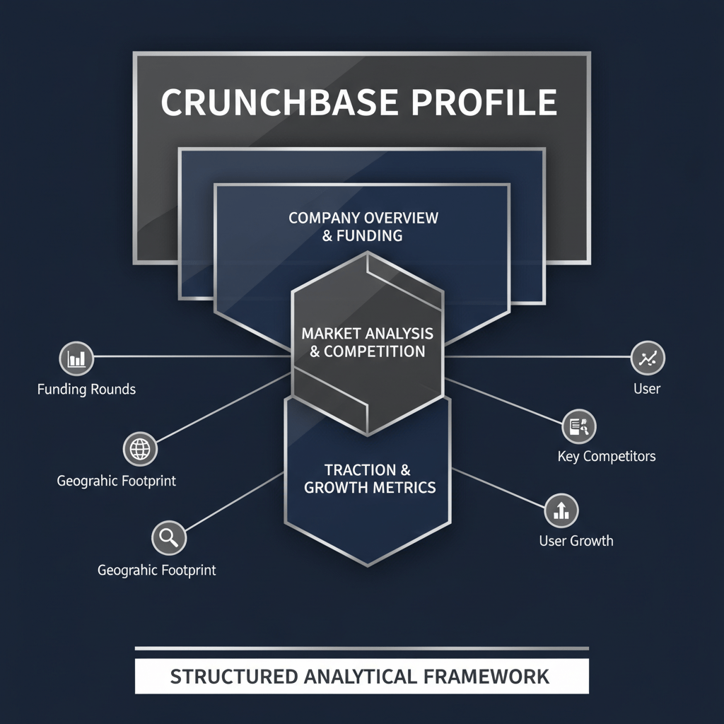 An abstract infographic illustrating a layered framework for analyzing a Crunchbase profile, using geometric shapes and silver accents.