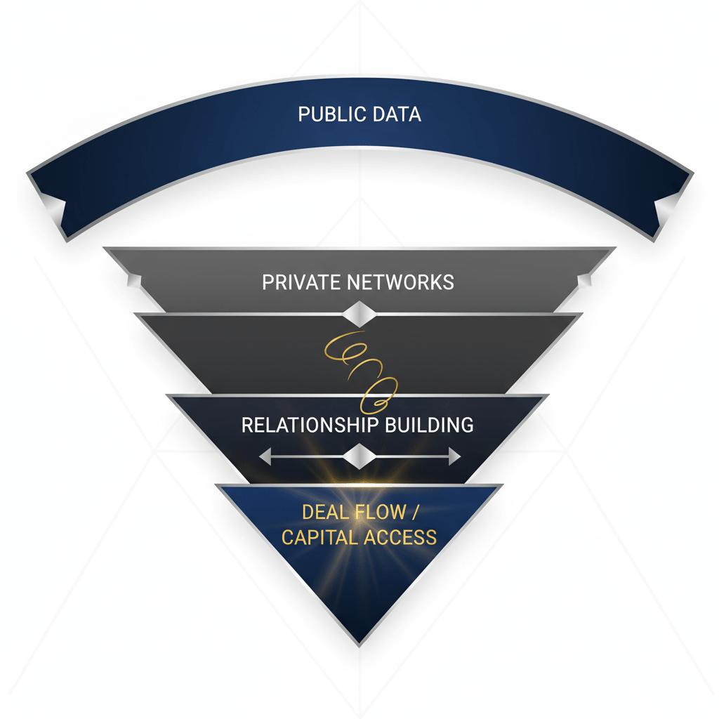 An abstract infographic illustrating a multi-layered progression, showing 'Public Data' as the broad initial step, leading into deeper, more exclusive layers like 'Private Networks' and 'Relationship Building' in capital raising.