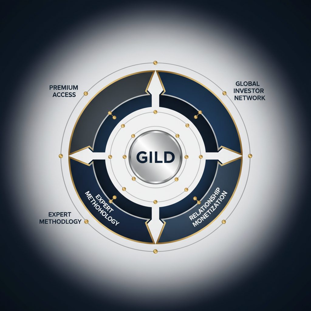 An abstract infographic illustrating GILD's comprehensive 360-degree fundraising strategy as a multi-layered, interconnected circular framework with central GILD node connected to global network, relationship monetization, expert methodology, and premium access.