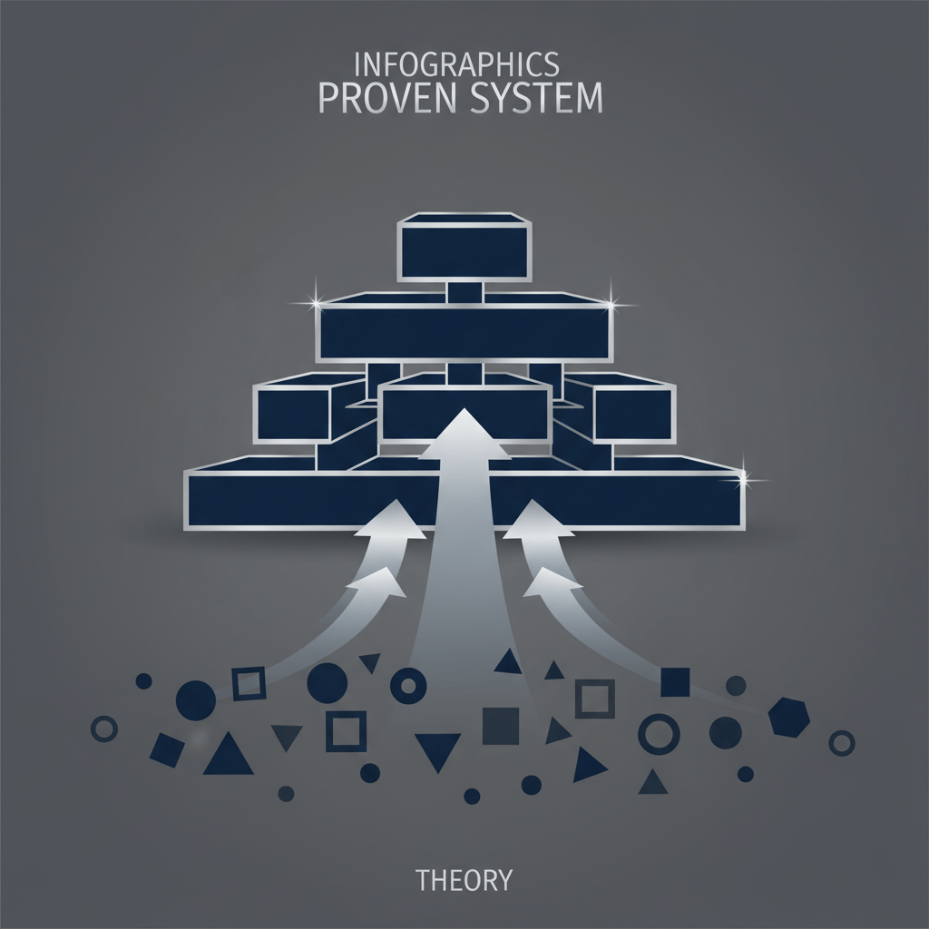 An abstract infographic illustrating the transformation from scattered theoretical concepts to a structured, proven system through an ascending series of geometric layers.