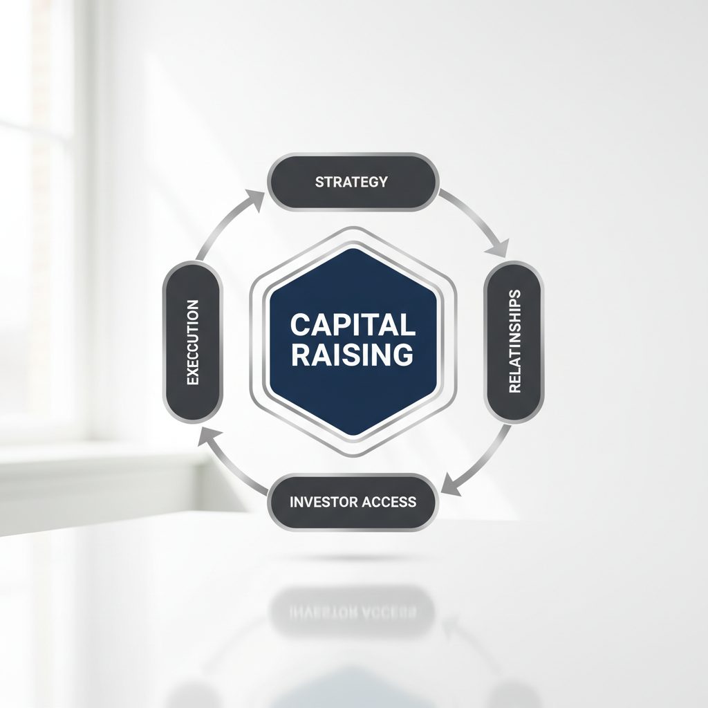 An abstract infographic showing a central capital raising concept surrounded by four interconnected nodes (strategy, relationships, investor access, execution) in a complete circular flow, illustrating a 360-degree approach.