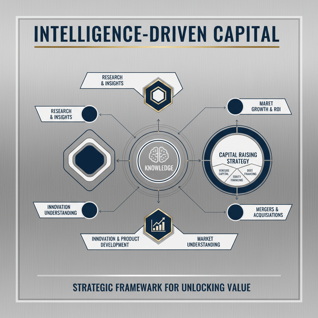 An abstract infographic showing a multi-layered framework with arrows, illustrating how knowledge impacts capital raising strategy.