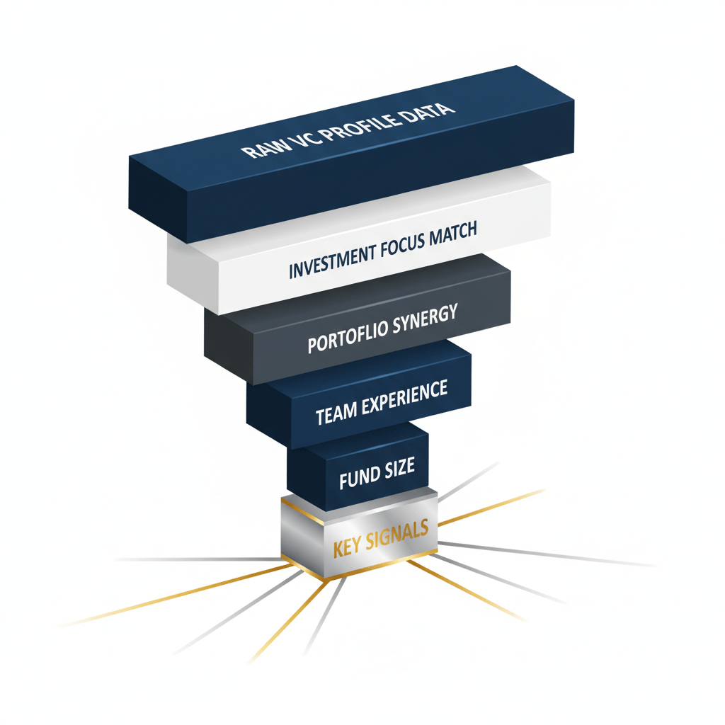 An abstract infographic showing a multi-layered funnel diagram, filtering raw VC profile data through various analytical stages to identify key investment signals.