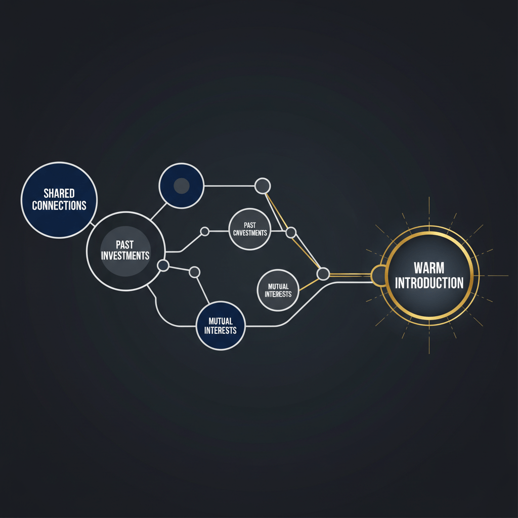 An abstract infographic showing a network of data points from Crunchbase connecting and flowing towards a central 'Warm Introduction' node, illustrating a strategic pathway.