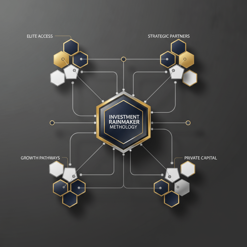 An abstract infographic showing an interconnected network of geometric nodes and lines, representing the strategic building and growth of a private investor network.