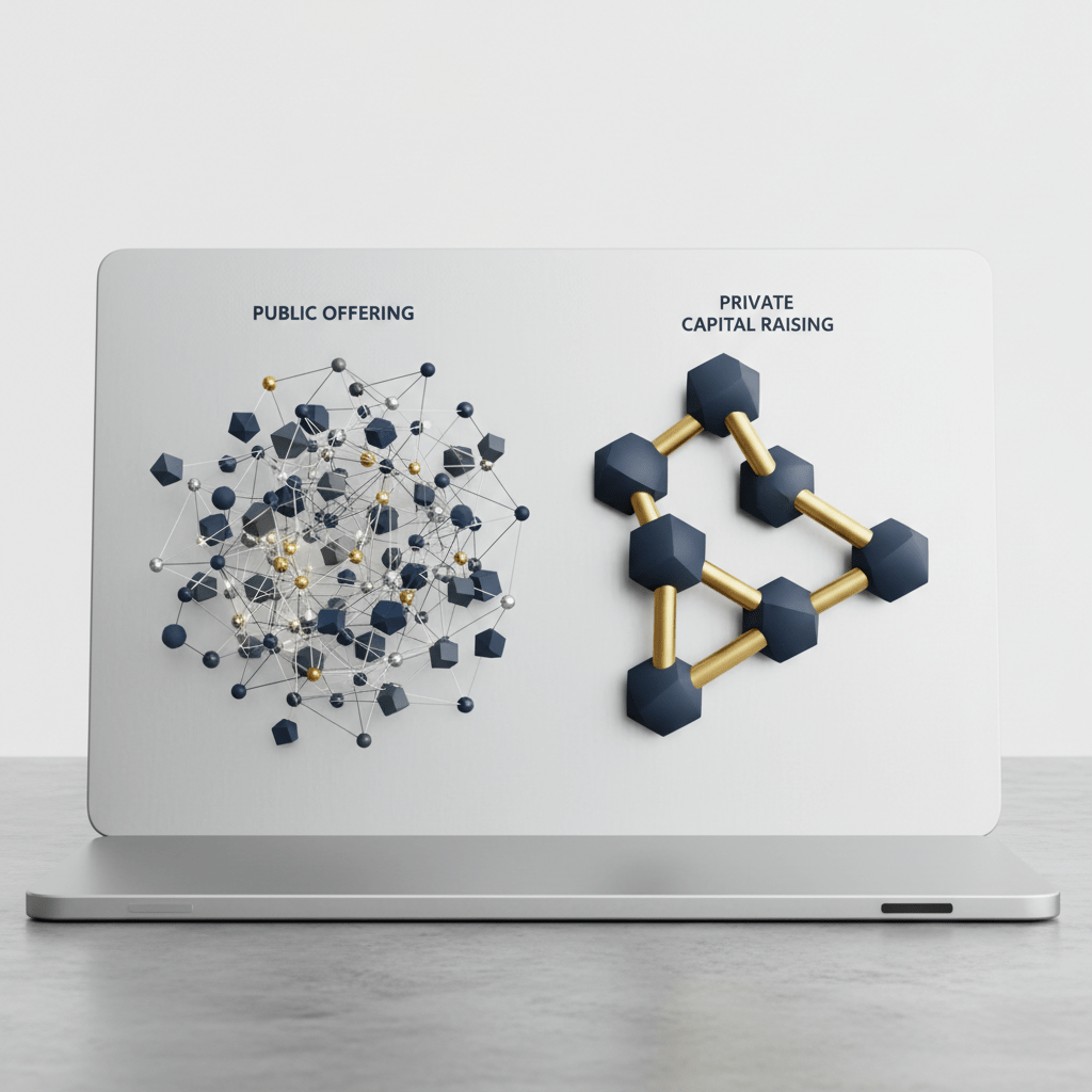 An abstract infographic visually comparing the distinct structures of a complex public offering and a more direct private capital raise using geometric nodes and connecting lines.
