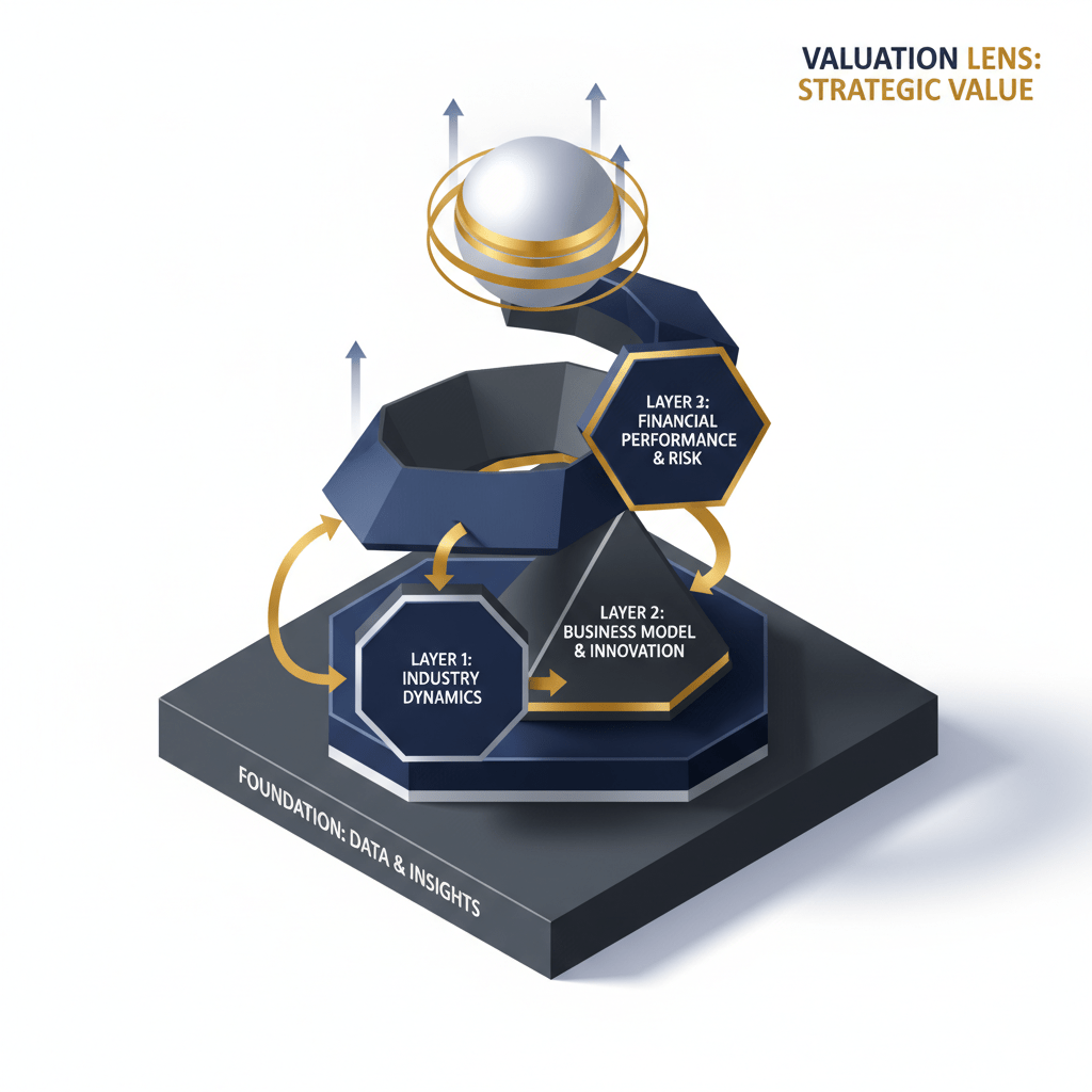 An abstract, isometric infographic illustrating a multi-layered strategic framework with interconnected geometric shapes in navy, charcoal, and silver, representing valuation and strategy insights.