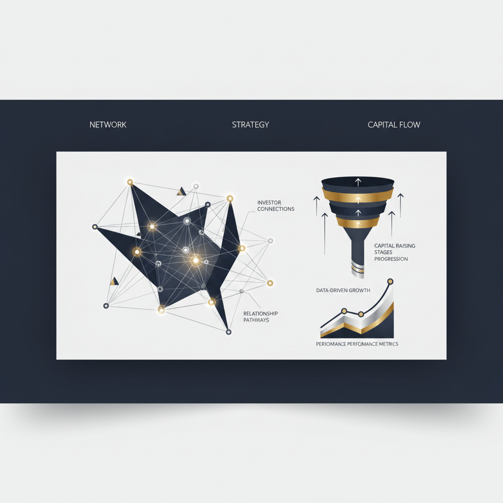 An abstract, minimalist infographic-style header image. It depicts a sophisticated network graph with interconnected nodes and lines representing investor connections and relationship pathways. Integrated is an ascending, multi-layered strategic funnel diagram symbolizing capital raising stages and progression, with directional arrows. Geometric bar charts with metallic silver and gold accents represent data-driven growth metrics. The color scheme is deep navy, charcoal, and white with metallic highlights. The overall aesthetic is modern, professional, and clean, with ample negative space.