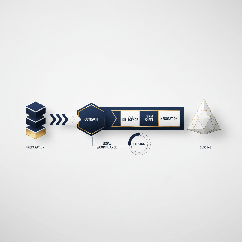 An abstract, multi-stage pipeline diagram with directional flow, illustrating the capital raising process for a material round, rendered with geometric shapes and a navy, white, and charcoal color scheme.