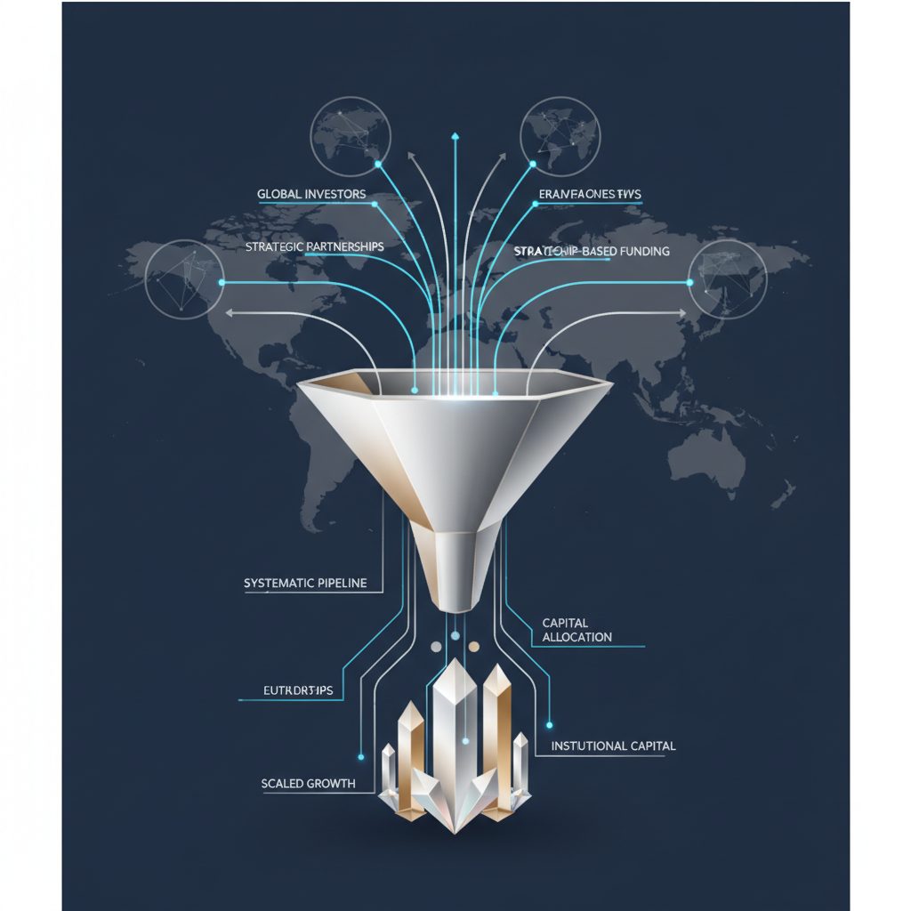 An abstract, premium infographic header. A systematic capital raising funnel is fed by interconnected investor network nodes with global connections, showing strategic capital flow and growth in deep navy, charcoal, white, and metallic accents.