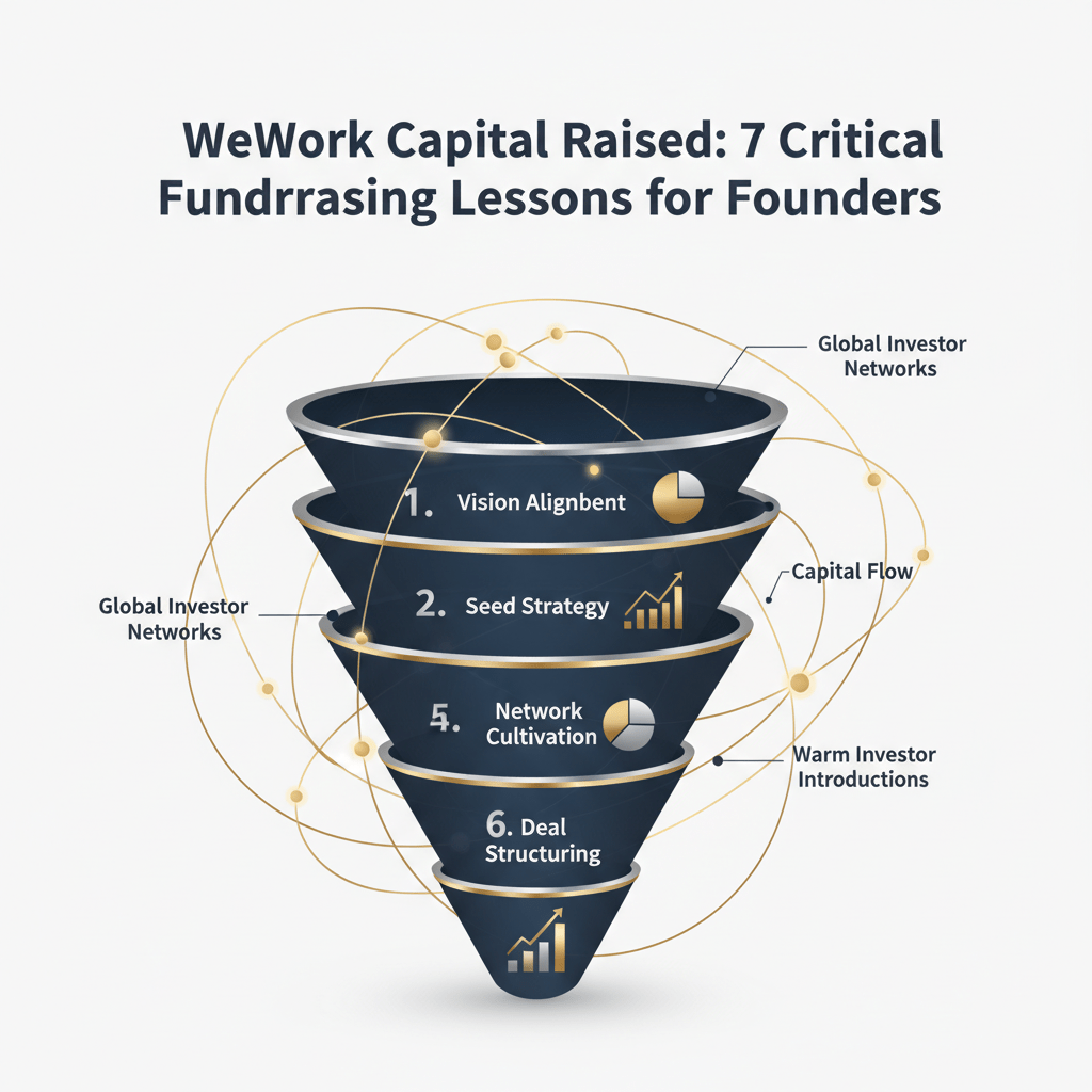 An abstract, premium infographic header image depicting a structured, ascending funnel or a multi-layered framework with interconnected nodes, symbolizing sophisticated capital raising strategies, investor network building, and critical fundraising lessons for founders. The design uses modern, vector-based geometric shapes in deep navy, charcoal, and white, accented with metallic silver and gold highlights, conveying professionalism and elite access. Subtle directional arrows indicate progression and capital flow. Ample negative space ensures clarity.