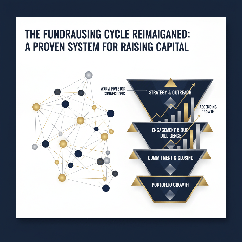 An abstract, premium infographic header image depicting 'The Fundraising Cycle Reimagined'. It features a complex network of interconnected nodes and lines in deep navy and charcoal, highlighted with metallic silver and gold, representing global investor connections and capital flow. Overlaid are ascending charts and a structured, multi-layered framework, symbolizing a proven system for capital raising and strategic growth. The design is modern, minimalist, and vector-based, with clean geometric shapes, conveying sophistication and elite access, without any human figures.