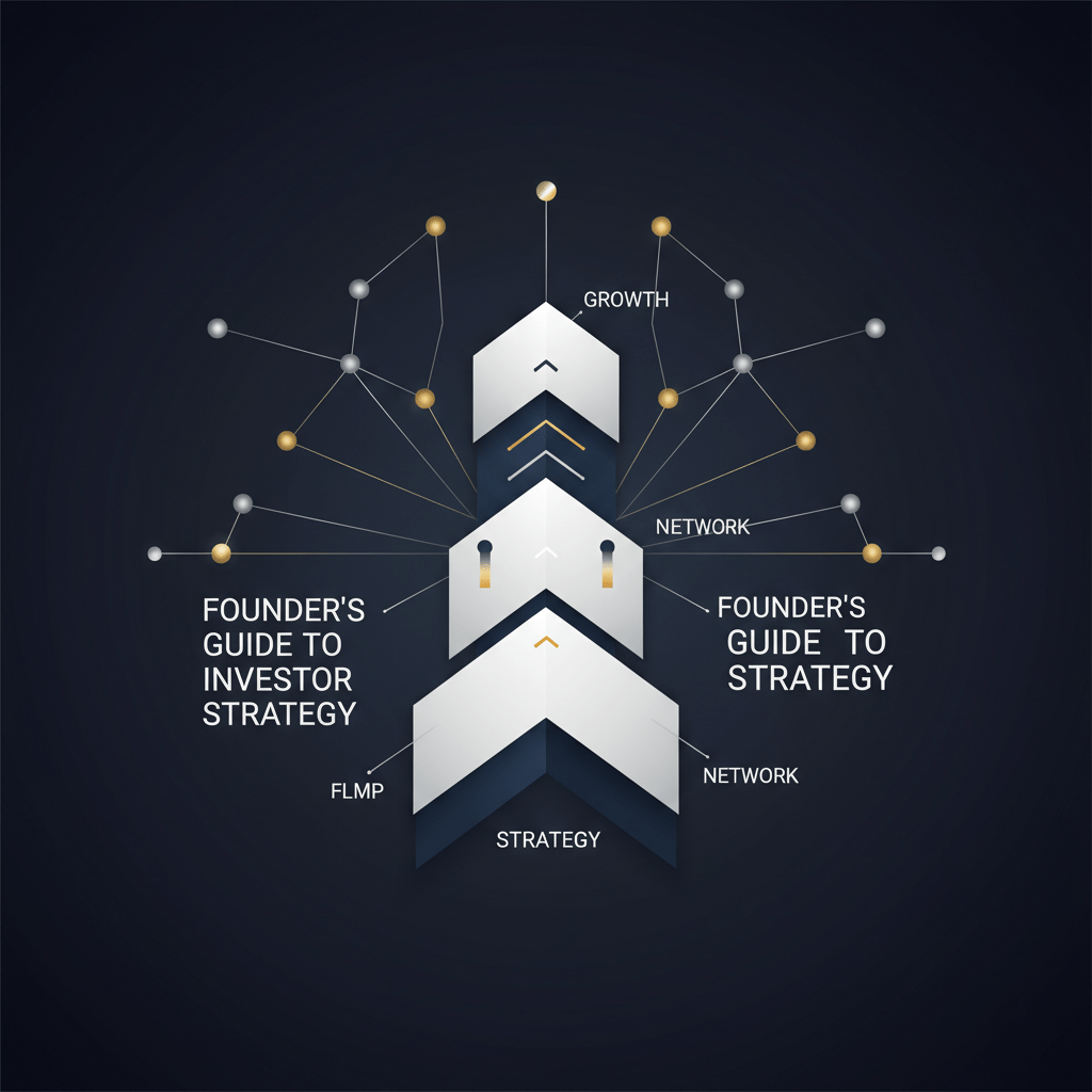 An abstract, premium infographic header image featuring a minimalist design. It displays a central multi-layered geometric framework, symbolizing strategic capital raising, surrounded by an interconnected network of glowing nodes and metallic lines representing investor connections and relationship pathways. The color palette is deep navy, charcoal, white, with metallic silver and gold accents, conveying professionalism and growth. Designed with clean shapes and ample negative space, suitable for a business article on investor strategy.