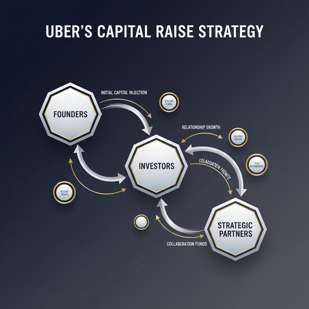 An abstract, premium infographic representing interconnected investor networks and strategic capital flow, featuring geometric nodes, dynamic lines, subtle gradients, and metallic silver/gold accents on a deep navy and charcoal background, with ample negative space.