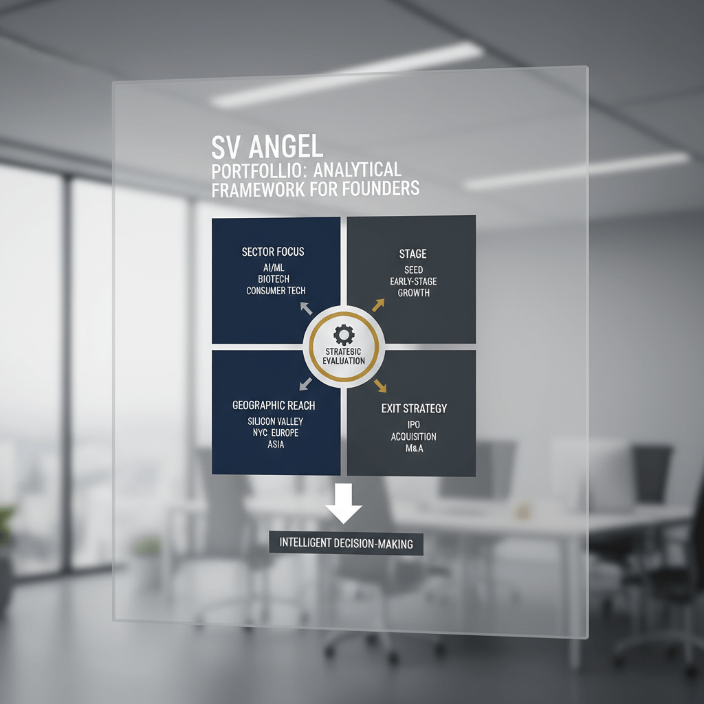 An abstract, structured diagram outlining a comprehensive framework for founders to strategically analyze the SV Angel portfolio, breaking down key analytical layers such as sector, stage, and geography.