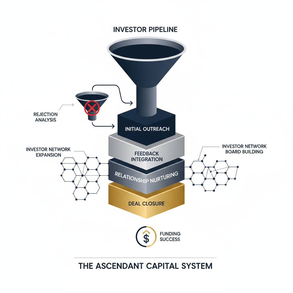 An abstract, structured system diagram with interconnected nodes and progression elements, illustrating a proven methodology for fundraising success and investor network building, in a professional navy, white, and charcoal palette.
