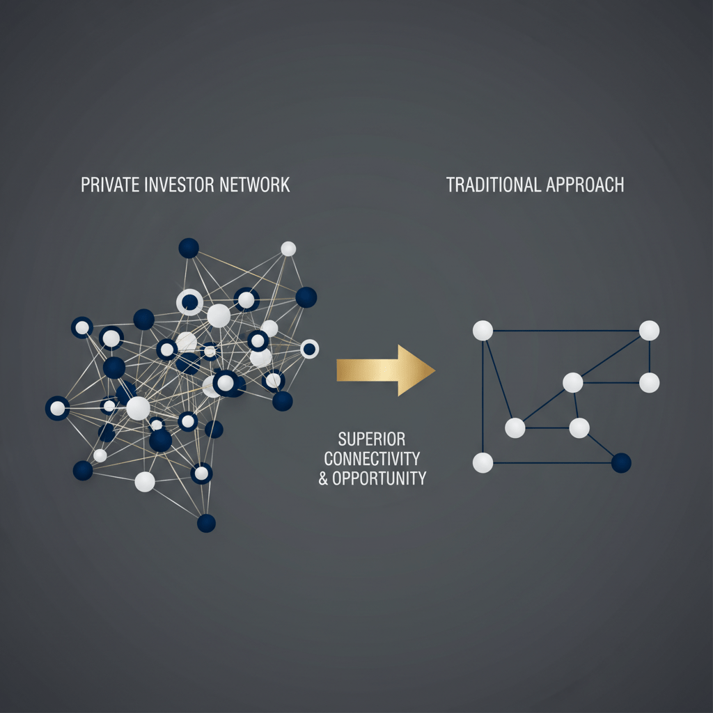 An infographic contrasting a dense, interconnected node map with a sparse, linear network, illustrating the effectiveness of a private investor network.