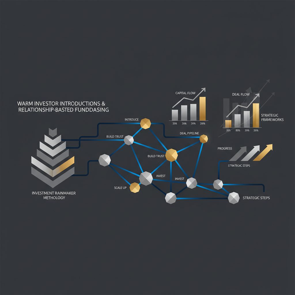 An infographic header image illustrating a professional system for fundraising. It features interconnected network nodes representing investor connections, overlaid with ascending growth charts and layered strategic frameworks, all rendered in a modern, vector style with deep navy, charcoal, white, and metallic silver/gold colors.