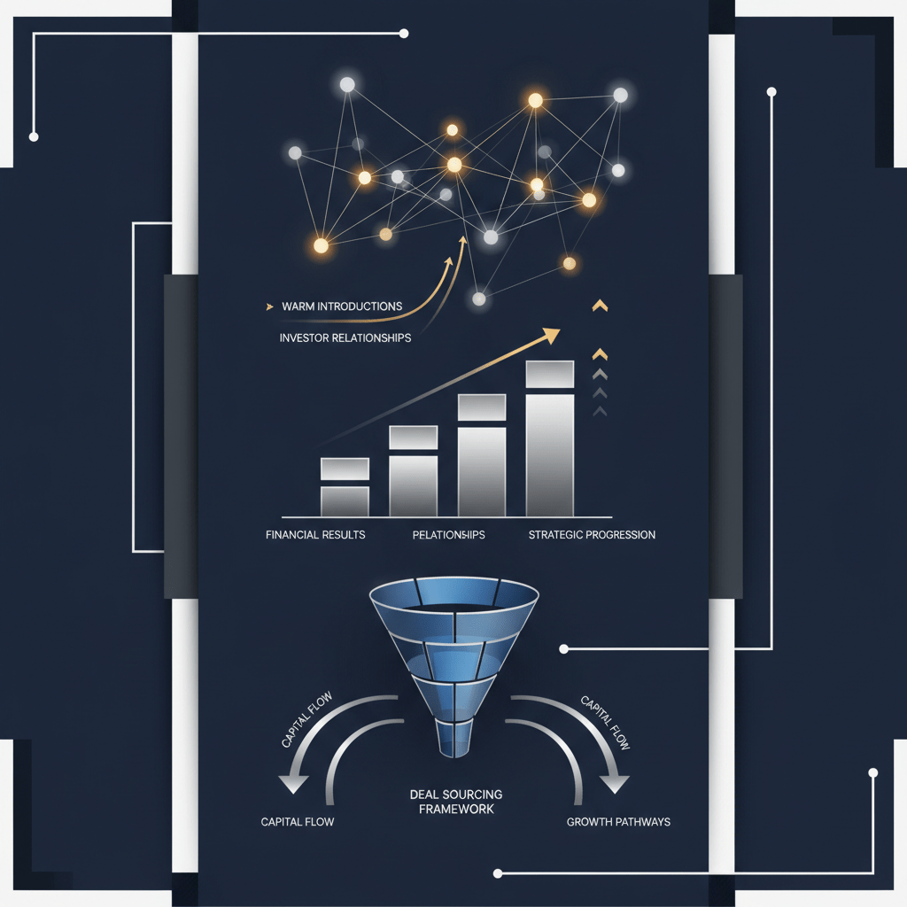 An infographic header image showing interconnected network nodes representing investor relationships, flowing capital pathways, and ascending geometric charts symbolizing growth and strategic milestones, all rendered in deep navy, charcoal, white, and metallic gold/silver.