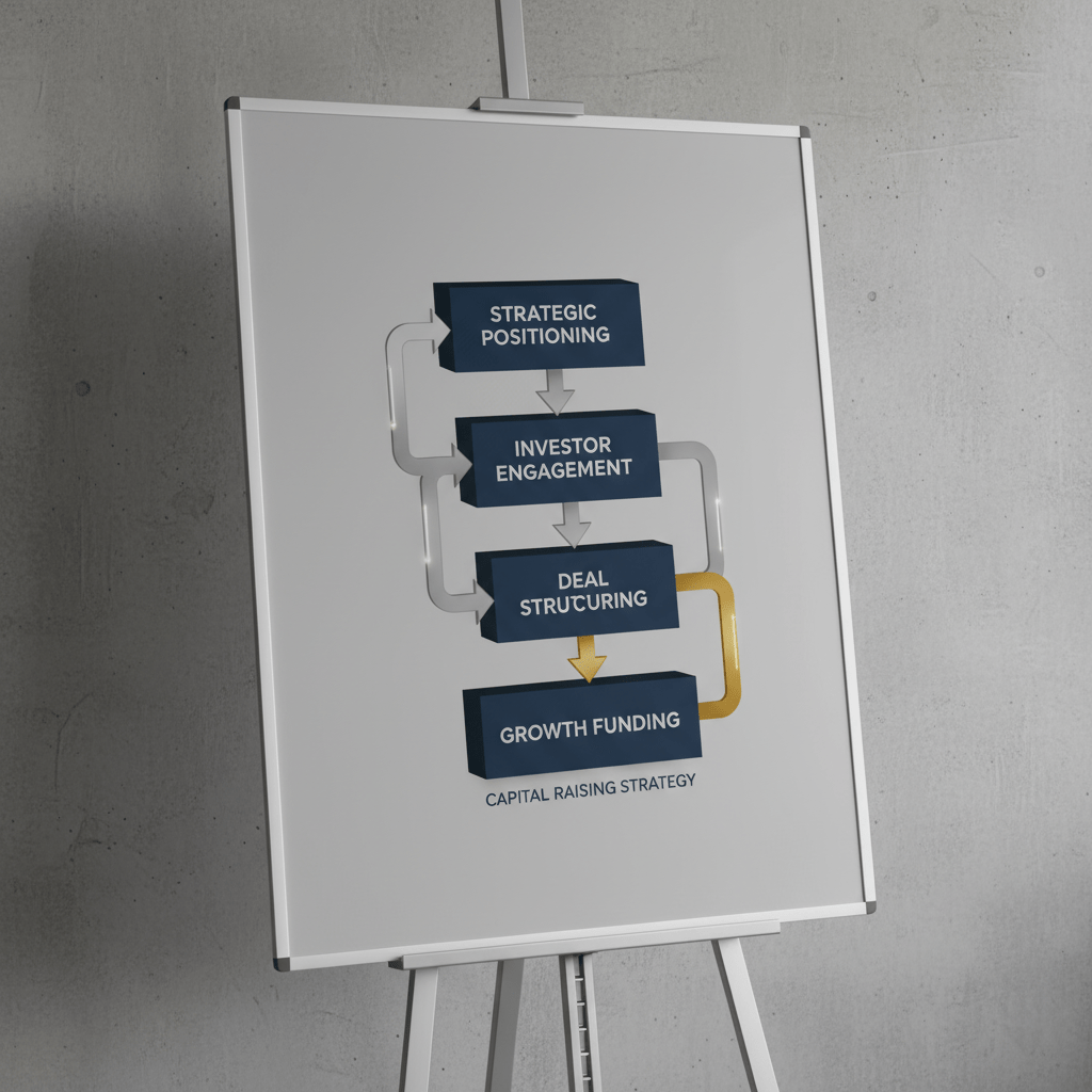 An infographic illustrating a multi-stage capital raising strategy, depicted as an isometric layered framework with connecting arrows.