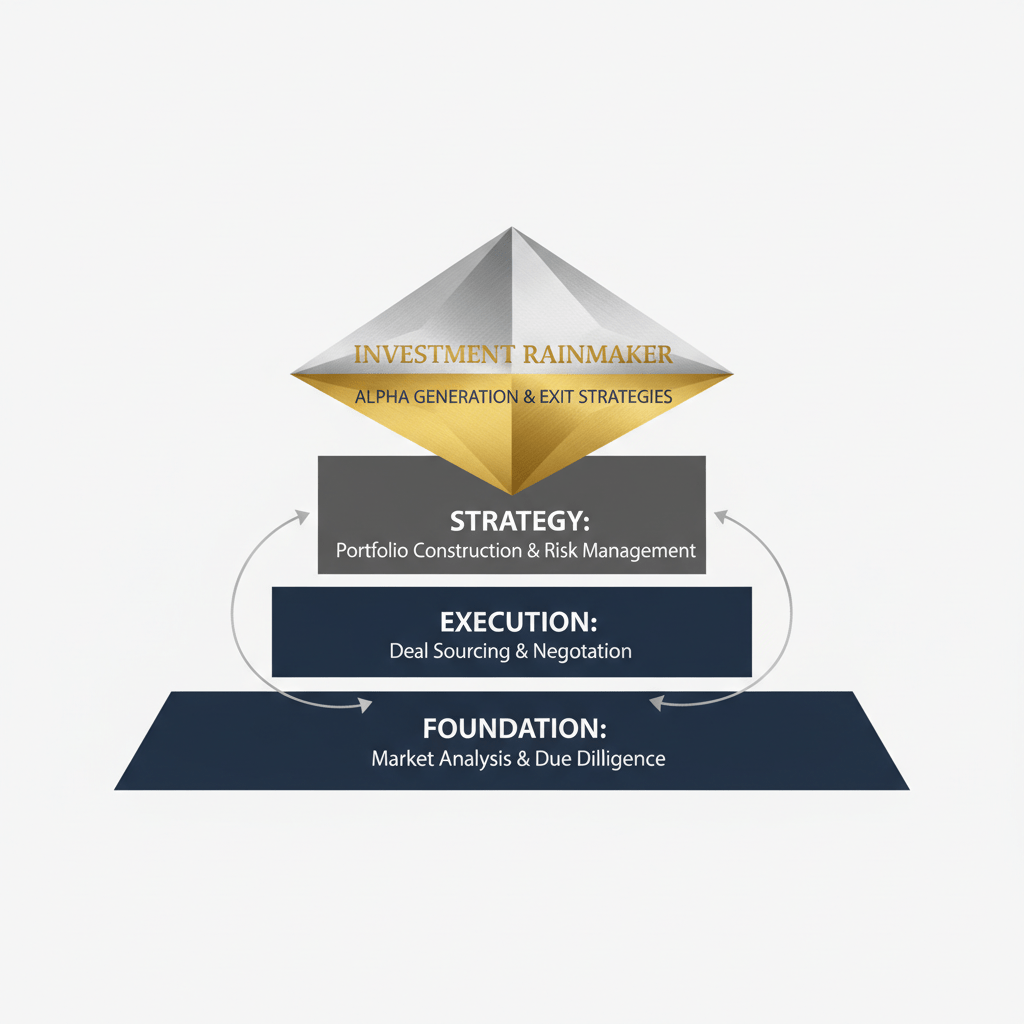 An infographic illustrating GILD's structured, layered framework that progressively builds an Investment Rainmaker, culminating in a gold-highlighted apex.